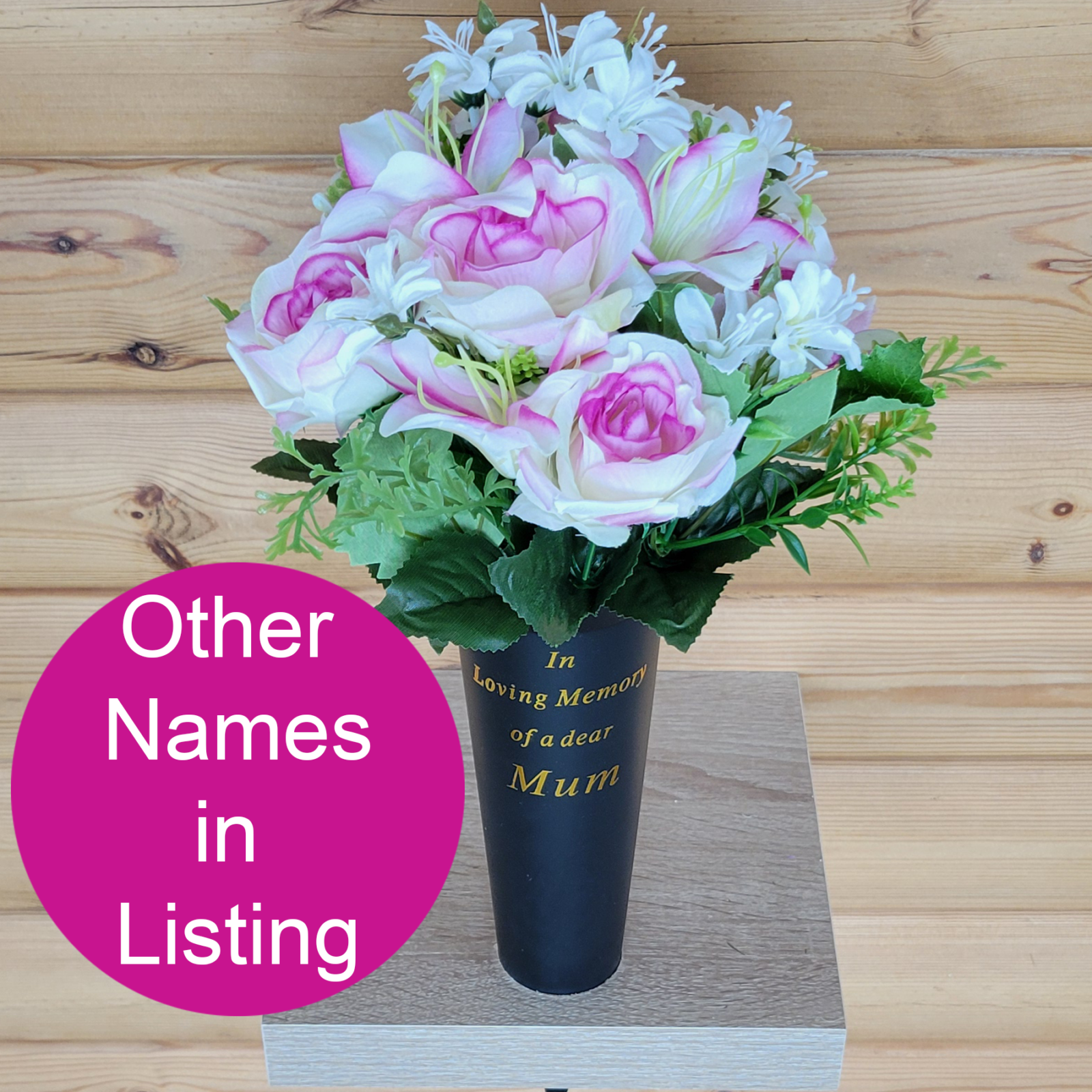 Master 879308 Grave Vase With Rose And Lily Mixed Bush With Foliage Ivory Pink Mauve - All Types
